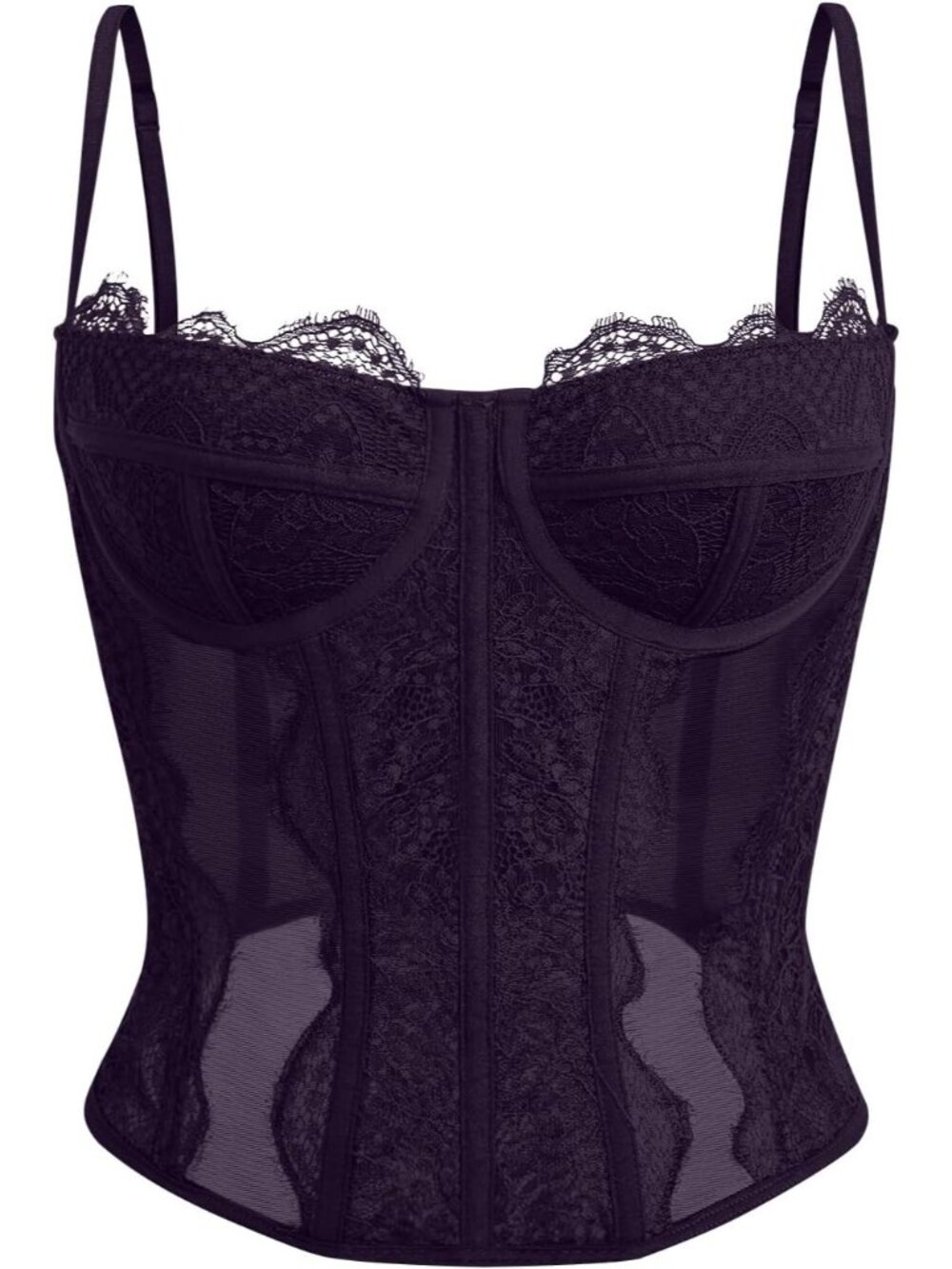 Women's Dark Purple Boned Lace Mesh Underwire Bustier Spaghetti Strap Corset Top